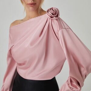 Pink Satin Off-Shoulder Blouse